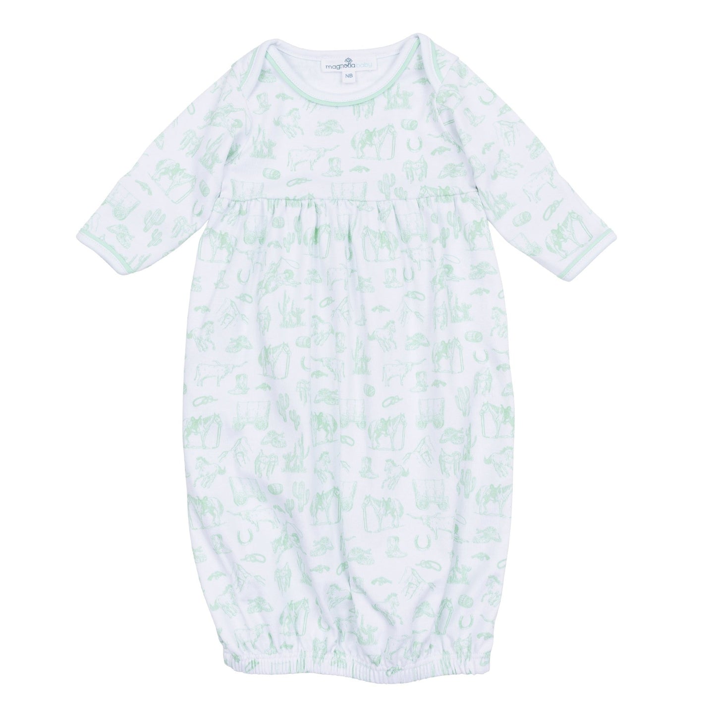 Wild West Toile Gathered Gown - Celery - Magnolia BabyGown