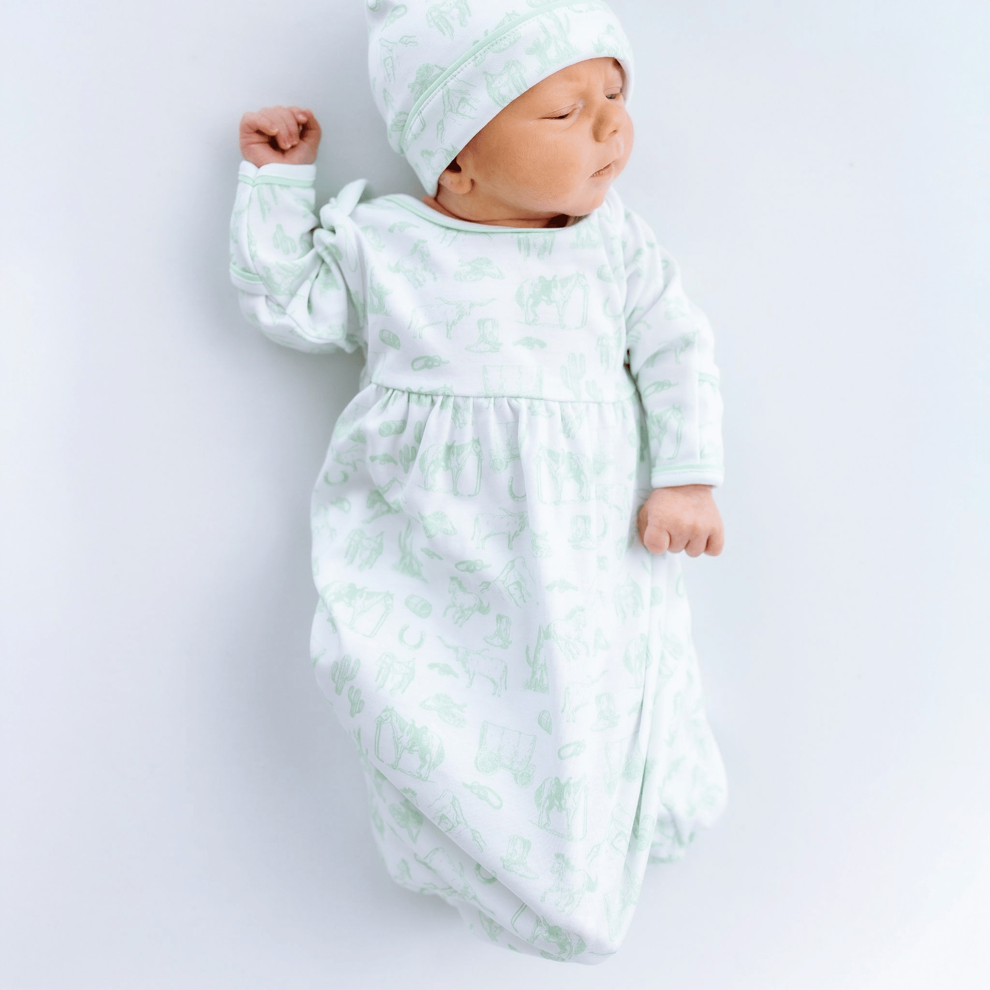 Wild West Toile Gathered Gown - Celery - Magnolia BabyGown