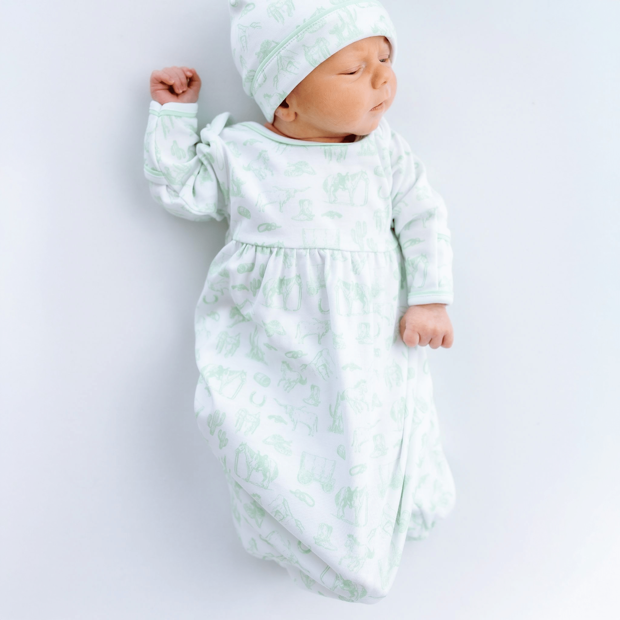 Wild West Toile Gathered Gown - Celery - Magnolia BabyGown