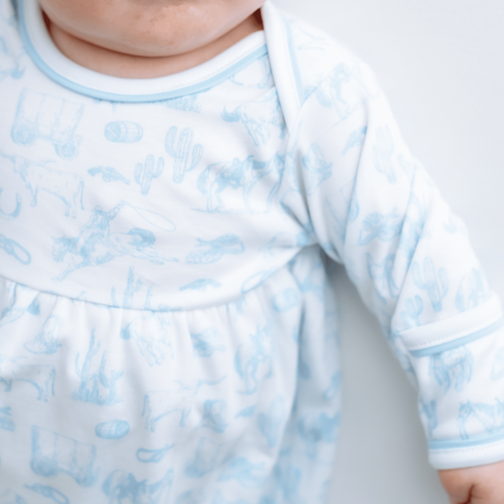 Wild West Toile Gathered Gown - Light Blue - Magnolia BabyGown