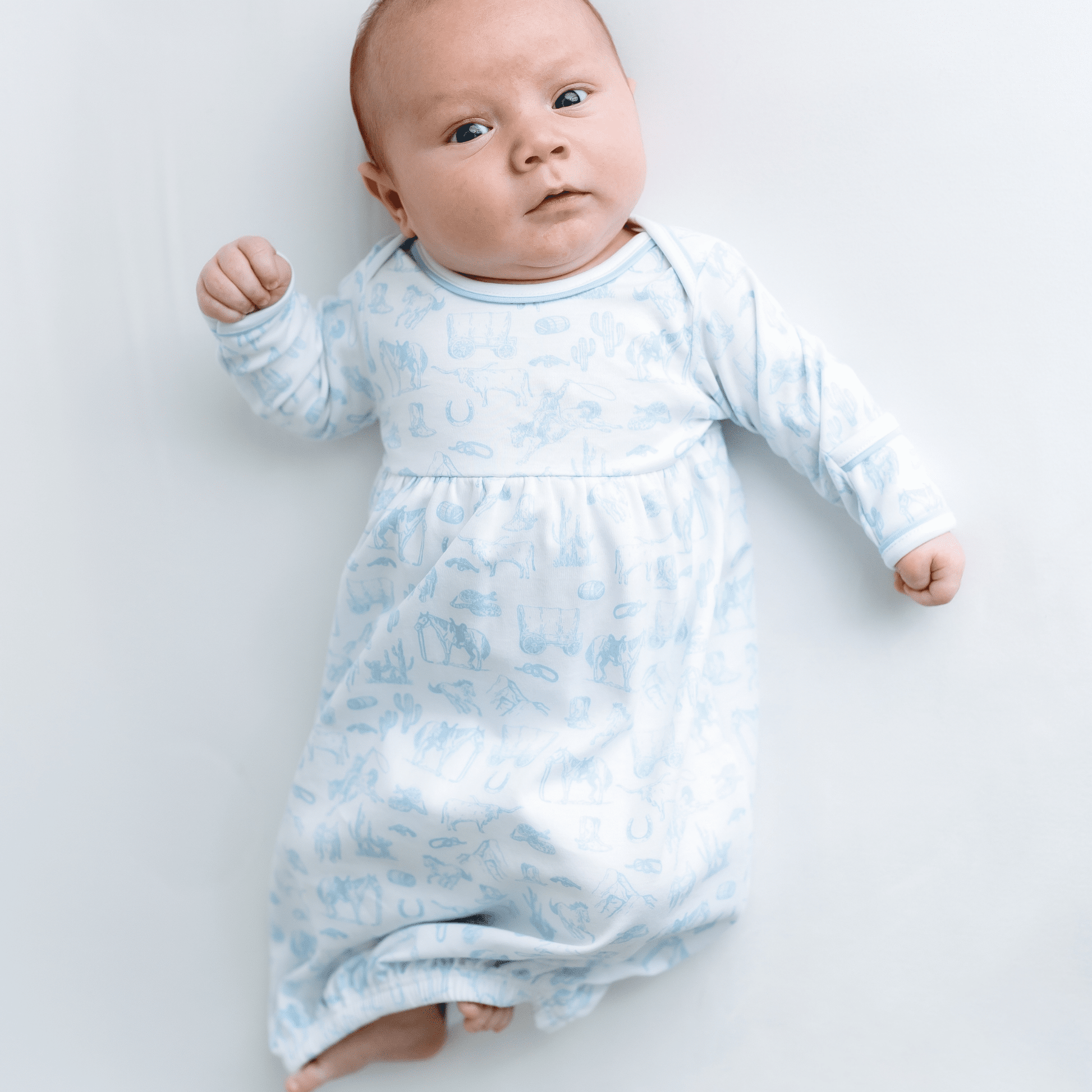 Wild West Toile Gathered Gown - Light Blue - Magnolia BabyGown