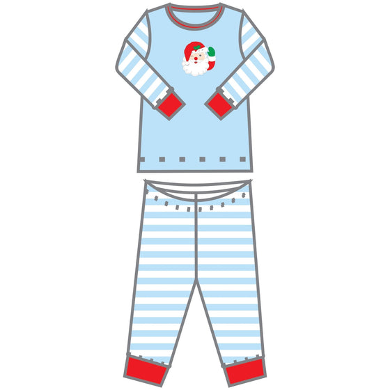 Winking Santa Applique Blue Big Kids Long Pajamas - Magnolia BabyLong Pajamas