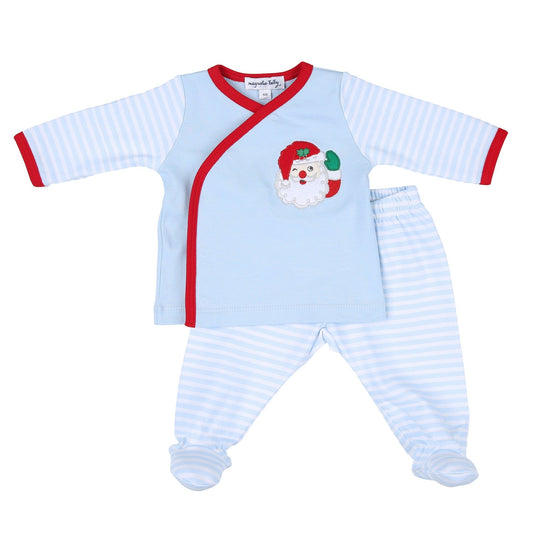 Winking Santa Applique Blue X - Tee Footed Pant Set - Magnolia Baby2pc Pant Set