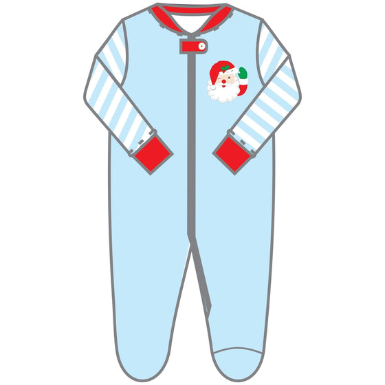 Winking Santa Applique Blue Zipper Footie - Magnolia BabyFootie