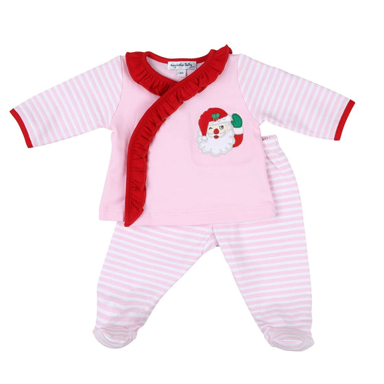 Winking Santa Applique Pink Ruffle X - Tee Footed Pant Set - Magnolia Baby2pc Pant Set