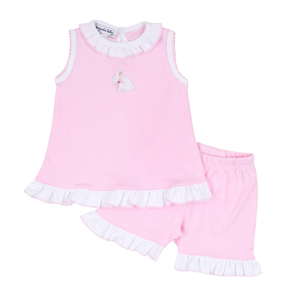 Little Cottontails Pink Embroidered Ruffle Sleeveless Short Set