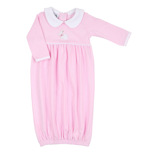 Little Cottontails Pink Embroidered Collared Gathered Gown