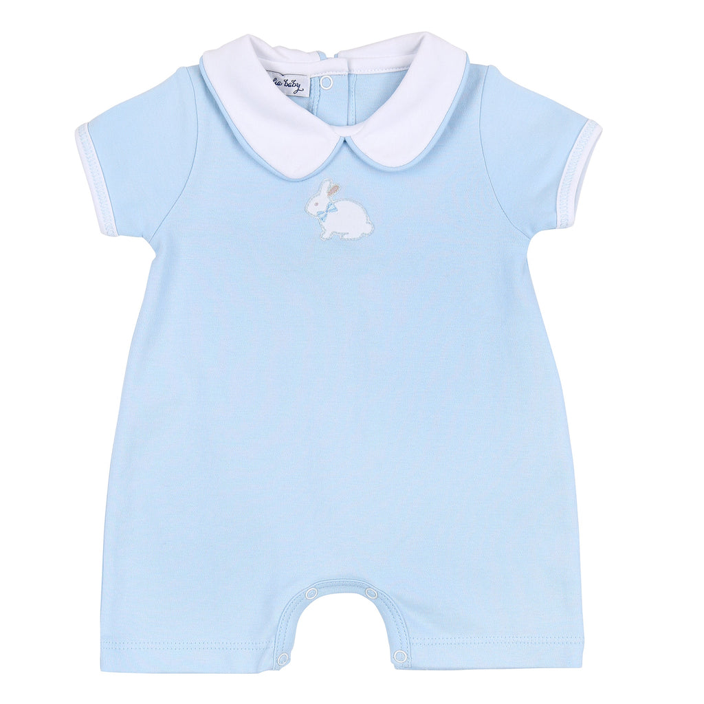 Little Cottontails Blue Embroidered Collared Short Playsuit