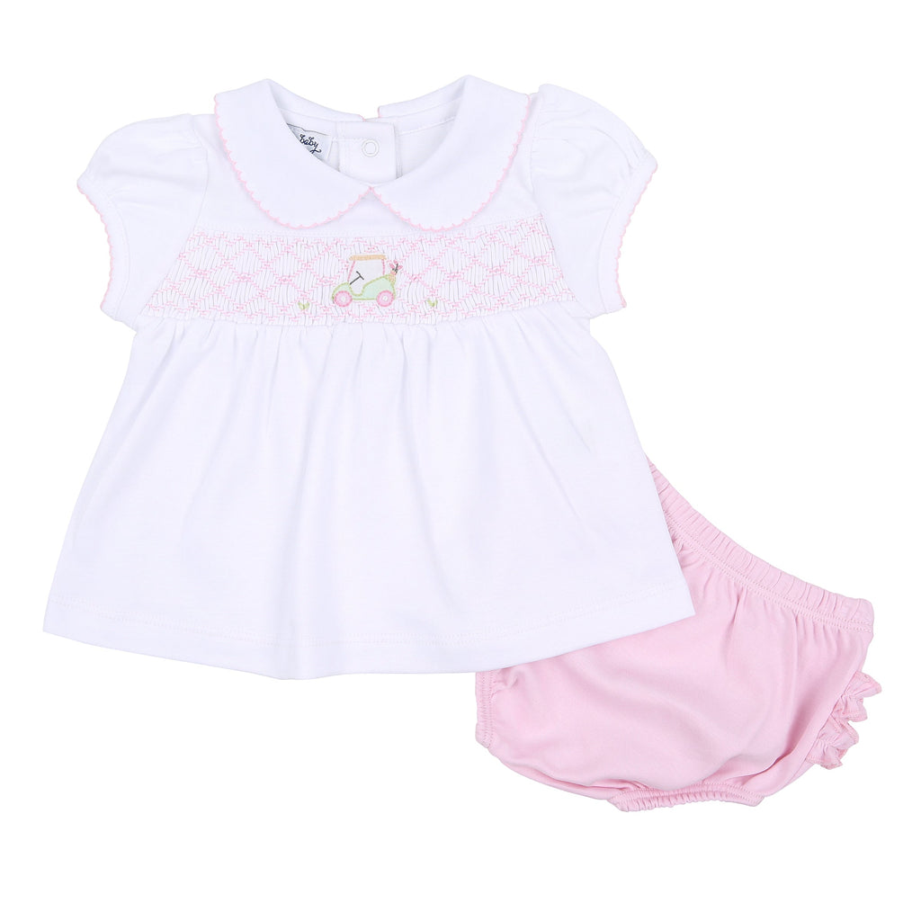 On the Green Pink Smocked Collared Ruffle Diaper Cover Set