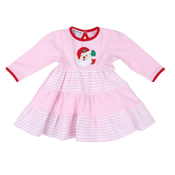 Conjunto de vestido de manga larga escalonado rosa con aplique de Papá Noel que guiña un ojo