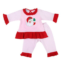  Conjunto de pantalón de 2 piezas con volante rosa y aplique de Papá Noel que guiña un ojo