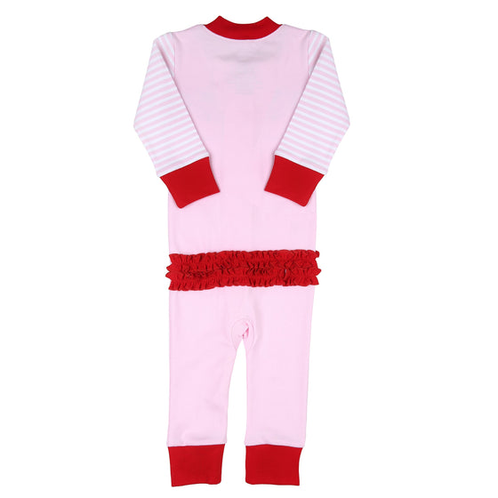 Pijama con cremallera y volante rosa con aplicación de Papá Noel que guiña un ojo