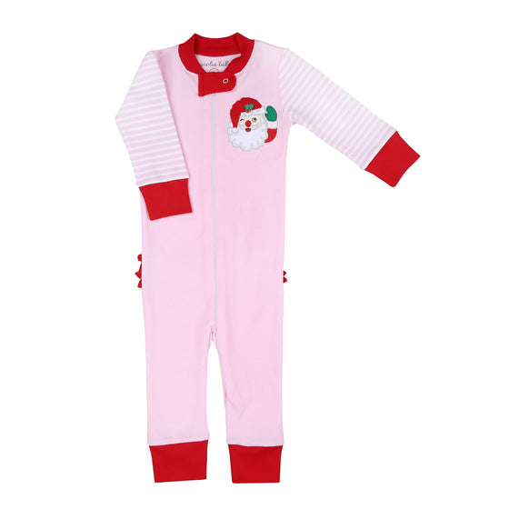 Pijama con cremallera y volante rosa con aplicación de Papá Noel que guiña un ojo