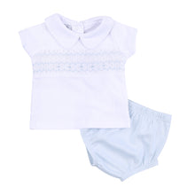  Alice and Andrew Blue Smocked Collared Short Sleeve Diaper Cover Set