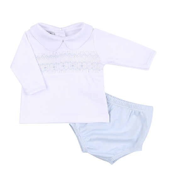 Alice and Andrew Blue Smocked Collared Long Sleeve Diaper Cover Set
