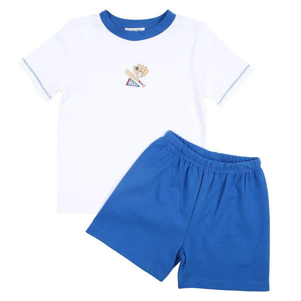 Hurray for Baseball Blue Embroidered Toddler Short Set