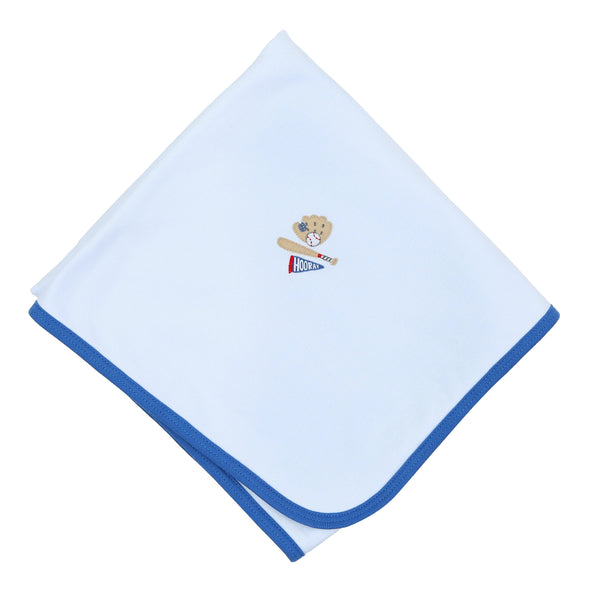 Hurray for Baseball Blue Embroidered Receiving Blanket