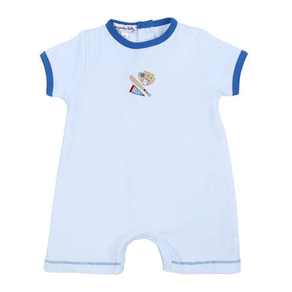 Hurray for Baseball Blue Embroidered Short Playsuit