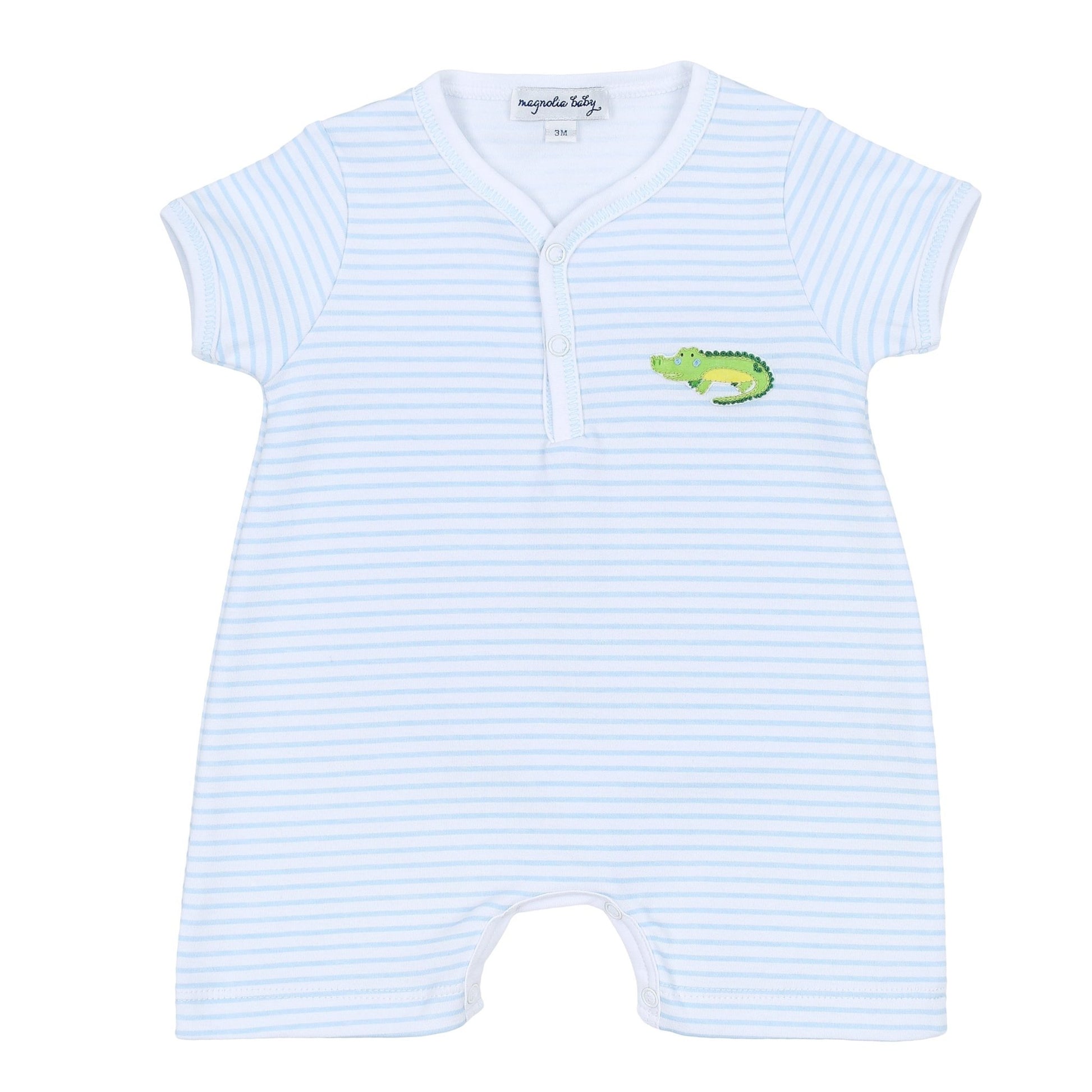 Alligator Friends Blue Embroidered Front Snap Short Playsuit - Magnolia BabyShort Playsuit