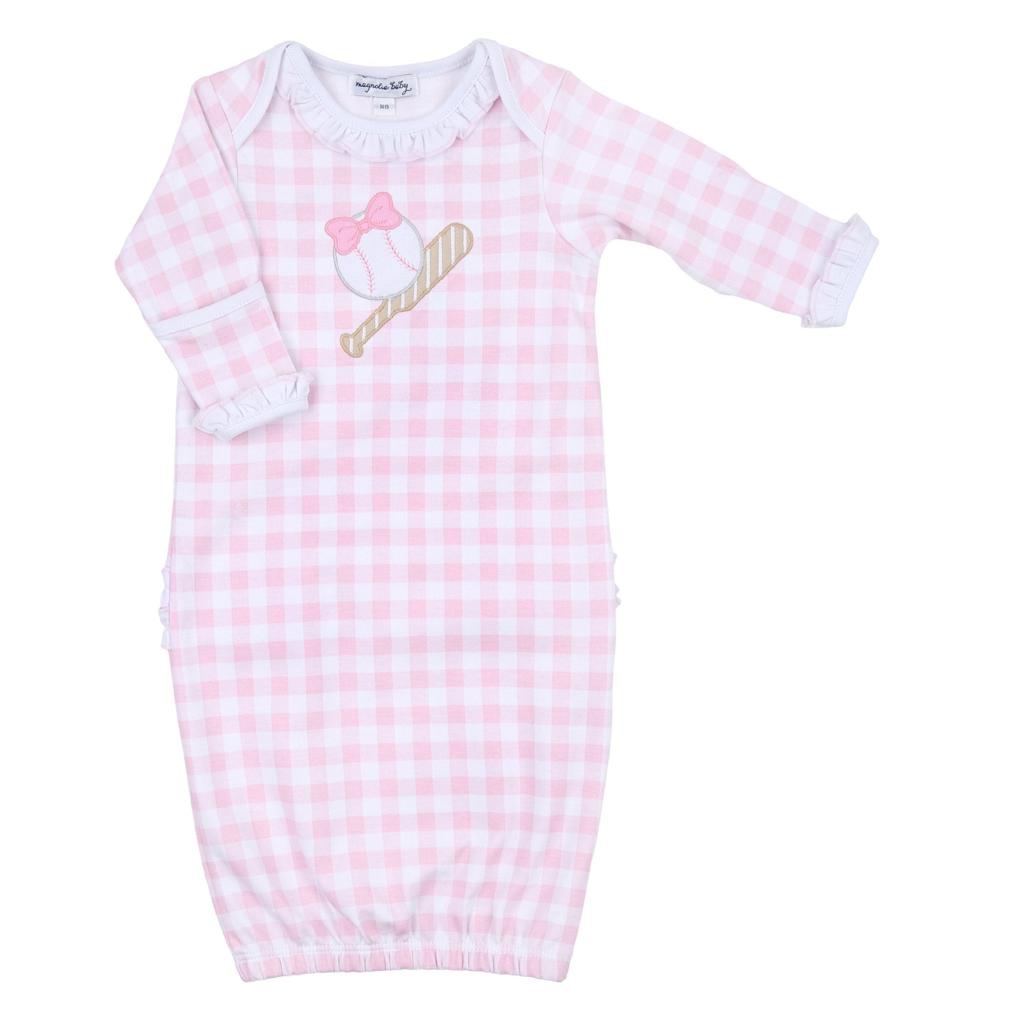 Batter Up Applique Pink Ruffle Lap Gown - Magnolia BabyGown