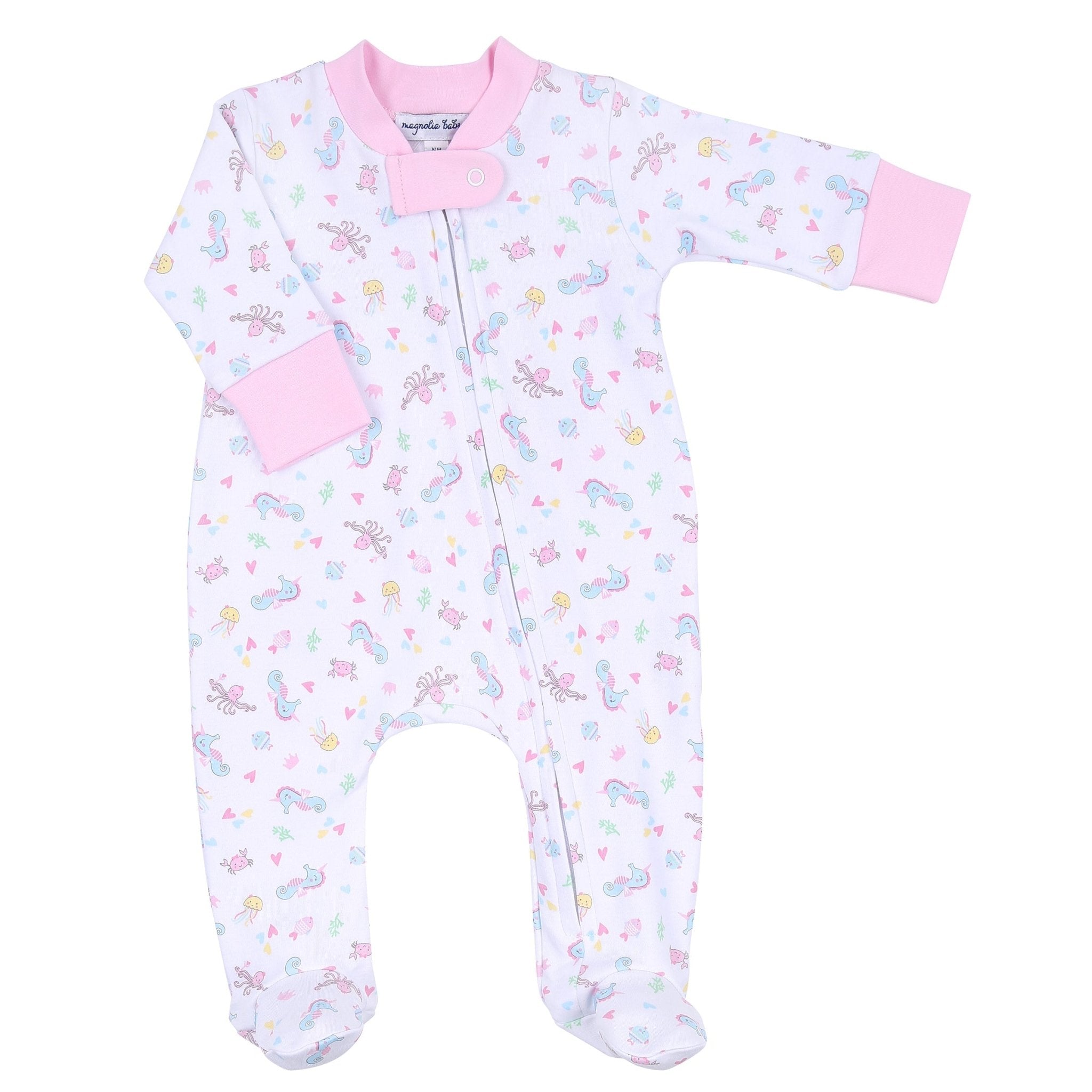 Ocean Bliss Pink Print Zip Footie - Magnolia BabyFootie