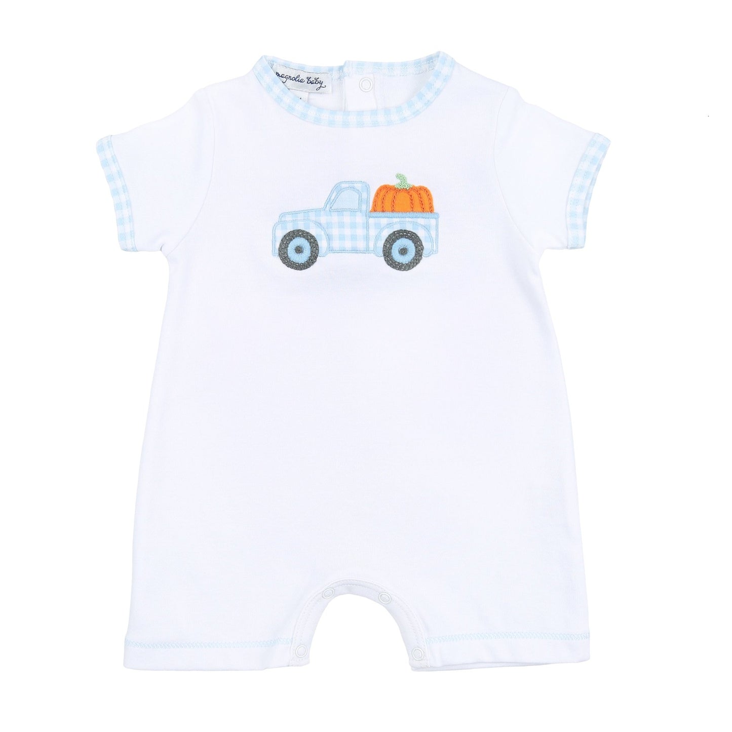 Pumpkin Picking Applique Blue Short Playsuit - Magnolia BabyShort Playsuit