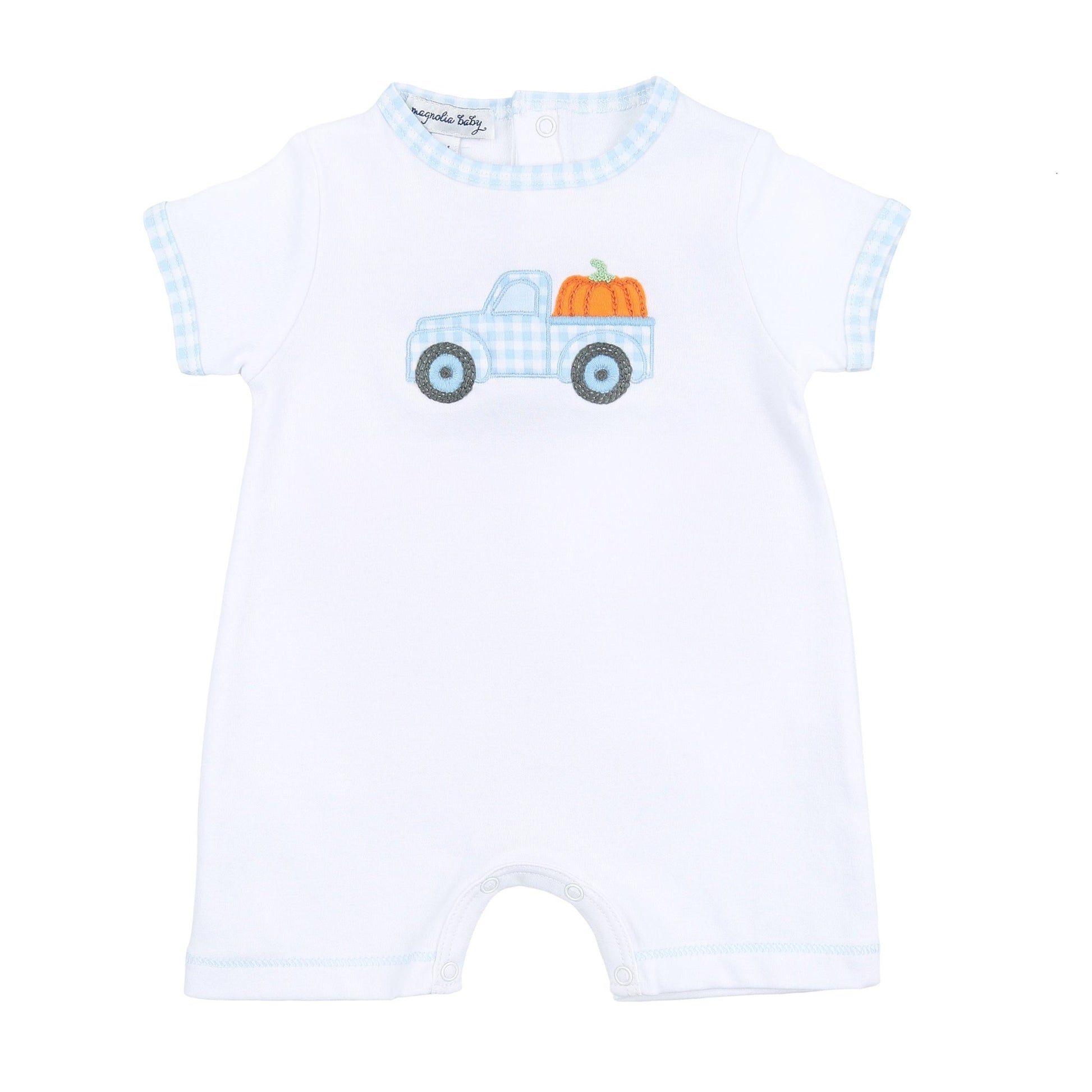 Pumpkin Picking Applique Blue Short Playsuit - Magnolia BabyShort Playsuit