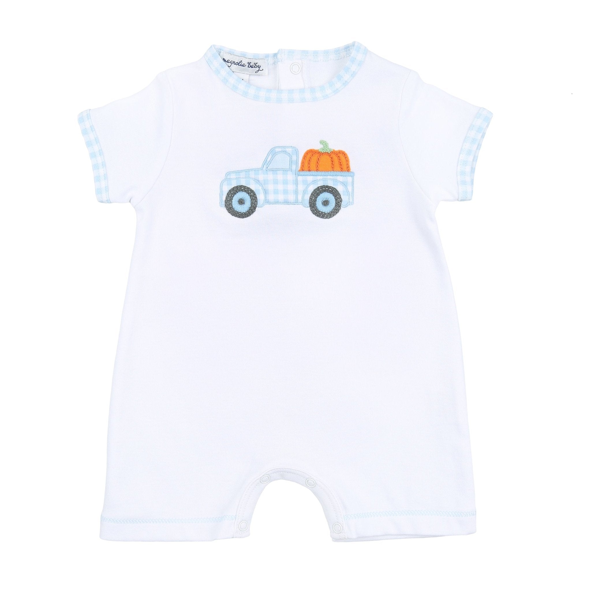 Pumpkin Picking Applique Blue Short Playsuit - Magnolia BabyShort Playsuit