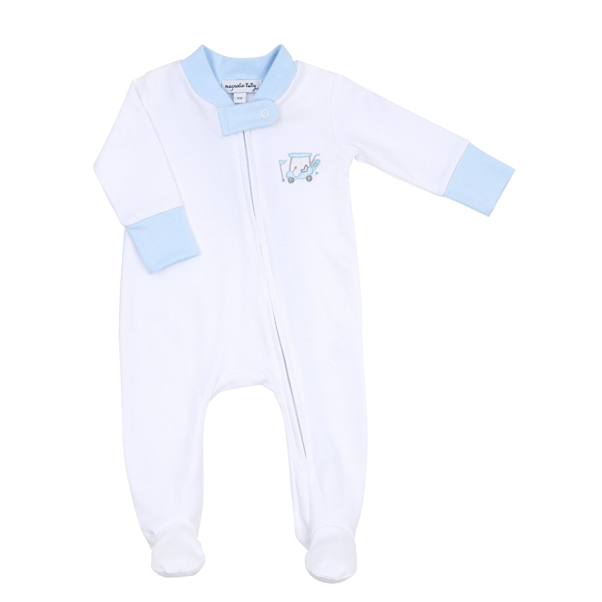 Putting Around Blue Embroidered Zip Footie - Magnolia BabyFootie