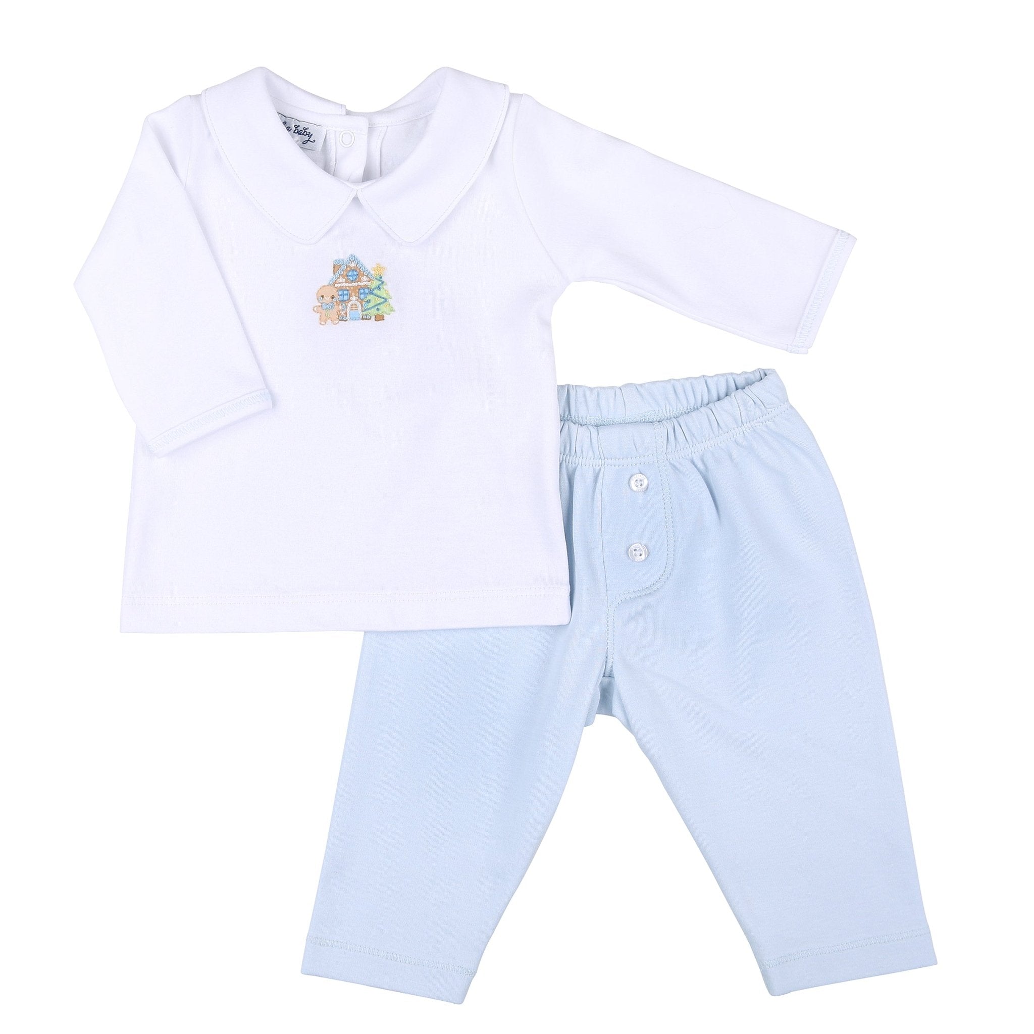 Sweet Gingerbread Blue Embroidered Collared Boy 2pc Pant Set - Magnolia Baby2pc Pant Set
