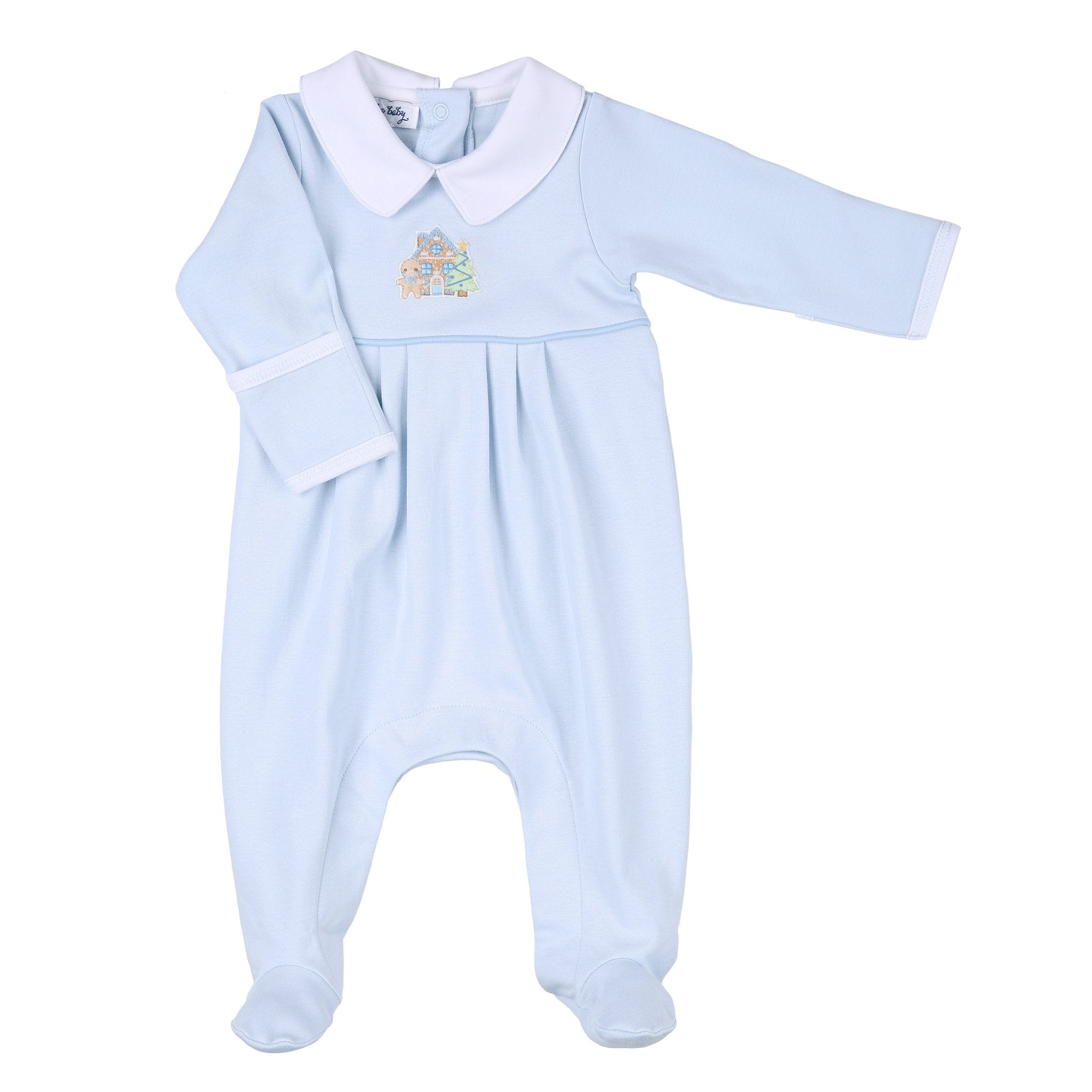 Sweet Gingerbread Blue Embroidered Collared Boy Footie - Magnolia BabyFootie