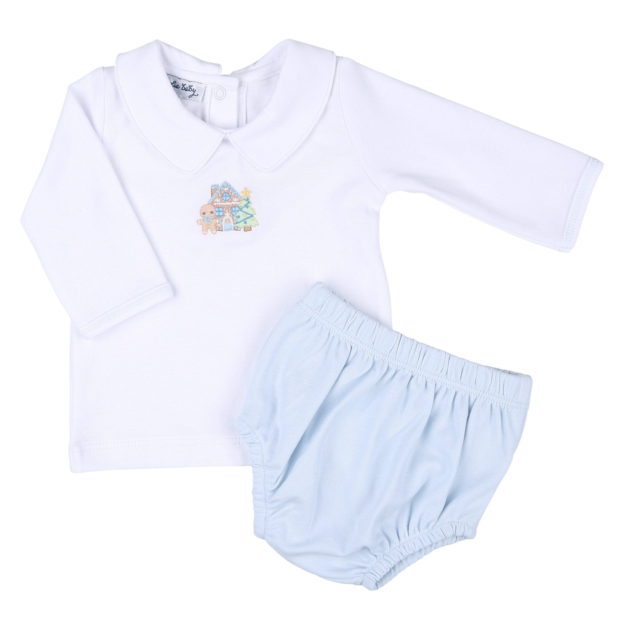 Sweet Gingerbread Blue Embroidered Collared Long Sleeve Diaper Cover Set - Magnolia BabyDiaper Cover