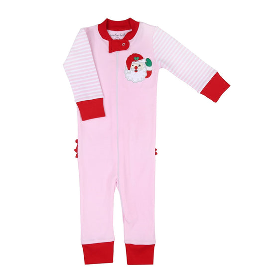 Winking Santa Applique Pink Ruffle Zipper Pajamas - Magnolia BabyZipper Pajamas