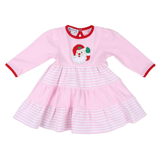 Winking Santa Applique Pink Tiered Long Sleeve Dress Set - Magnolia BabyDress
